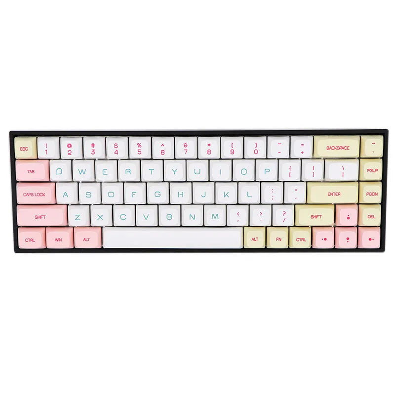 Set of 68 PBT plastic keycaps for a mechanical keyboard in assorted colours on a grey background.