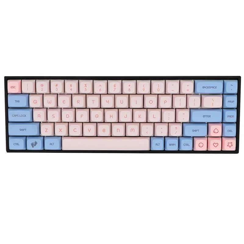 Set of 68 PBT plastic keycaps for a mechanical keyboard in assorted colours on a grey background.