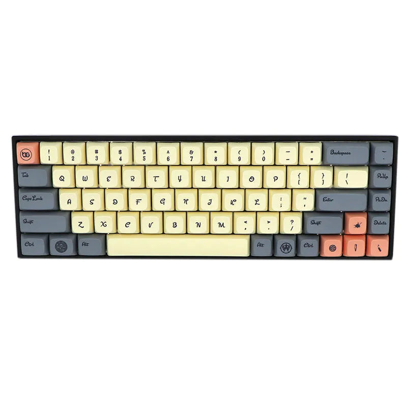 Set of 68 PBT plastic keycaps for a mechanical keyboard in assorted colours on a grey background.