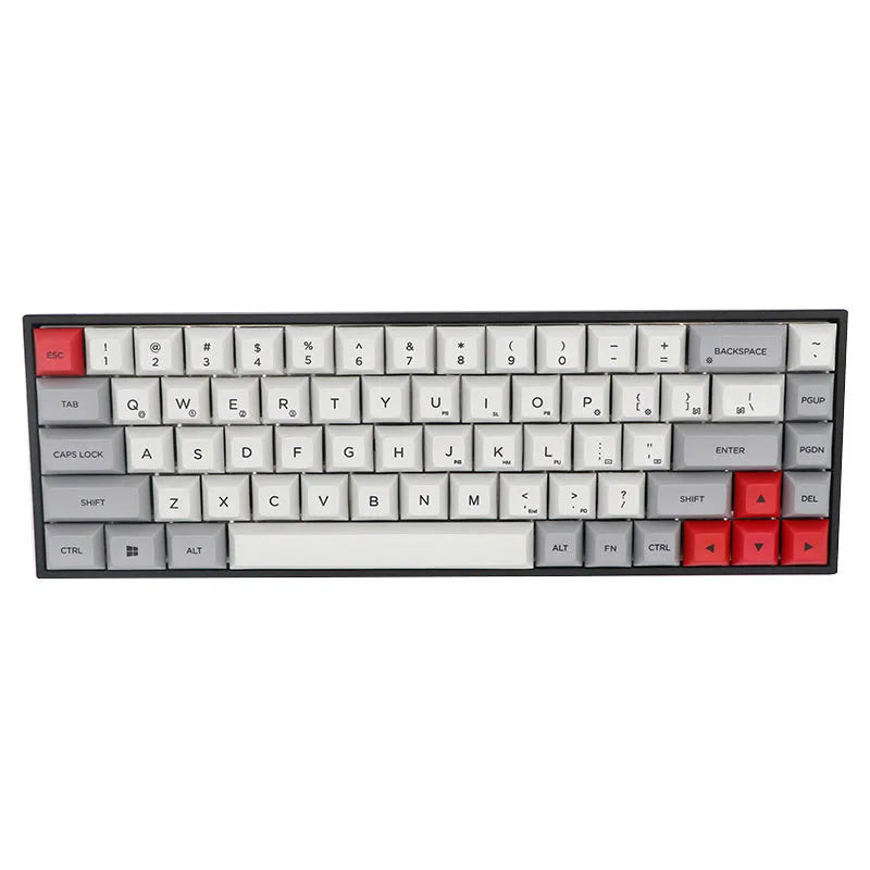 Set of 68 PBT plastic keycaps for a mechanical keyboard in assorted colours on a grey background.