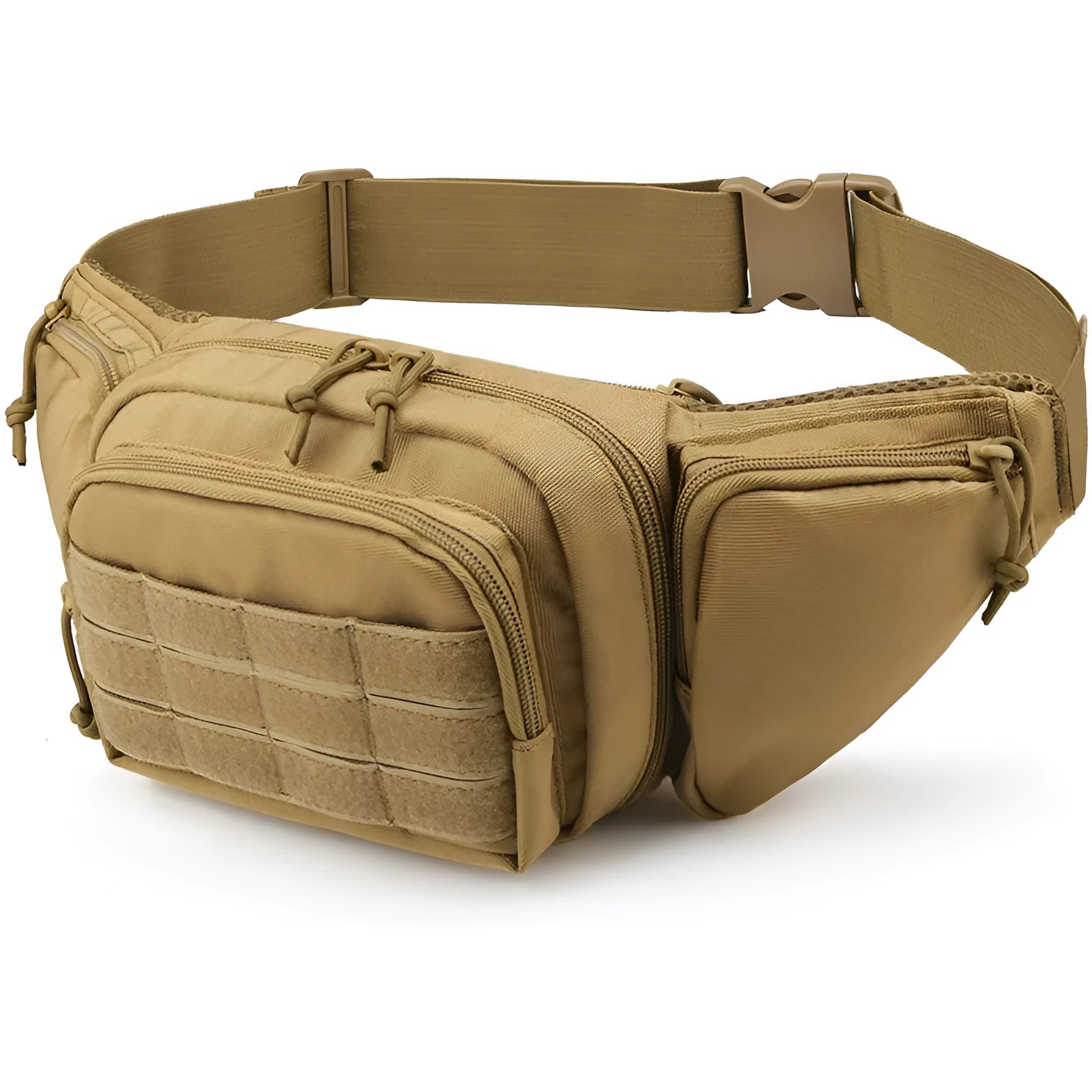 Tactical waist bag in black or khaki colour with moderate capacity, designed for waist wear without shoulder straps