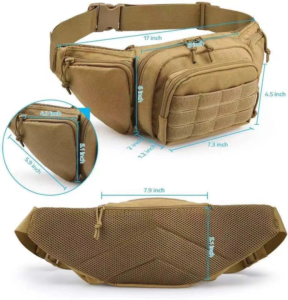 Tactical waist bag in black or khaki colour with moderate capacity, designed for waist wear without shoulder straps