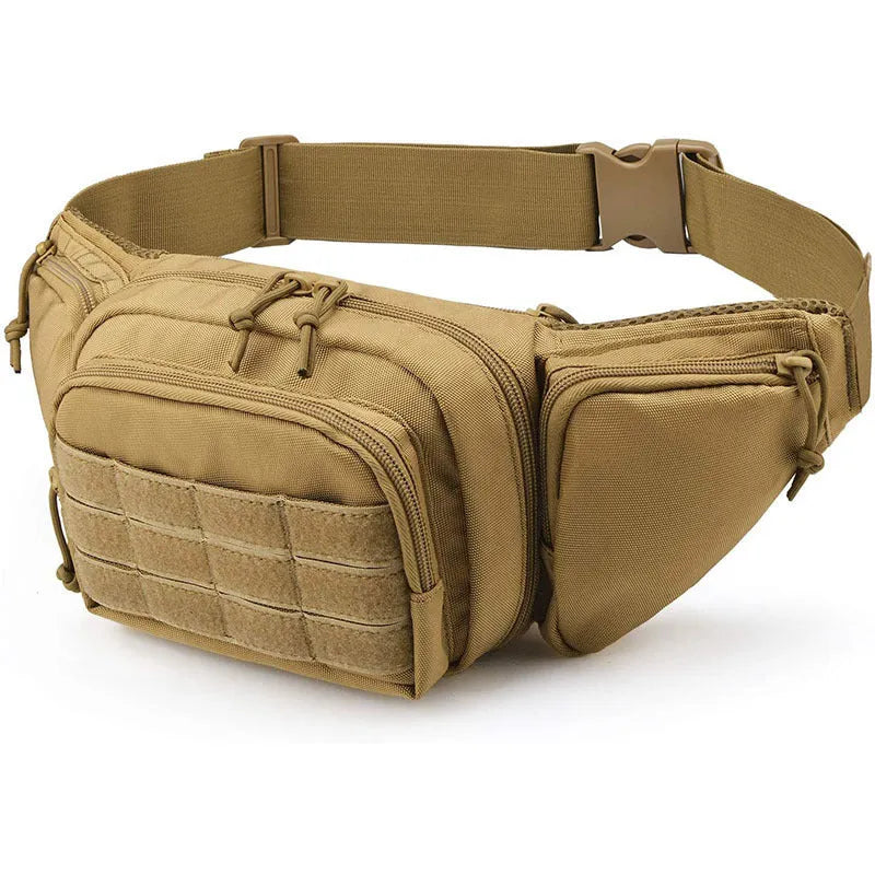 Tactical waist bag in black or khaki colour with moderate capacity, designed for waist wear without shoulder straps