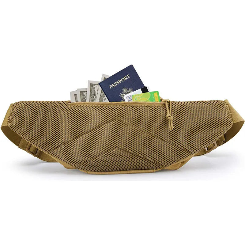 Tactical waist bag in black or khaki colour with moderate capacity, designed for waist wear without shoulder straps
