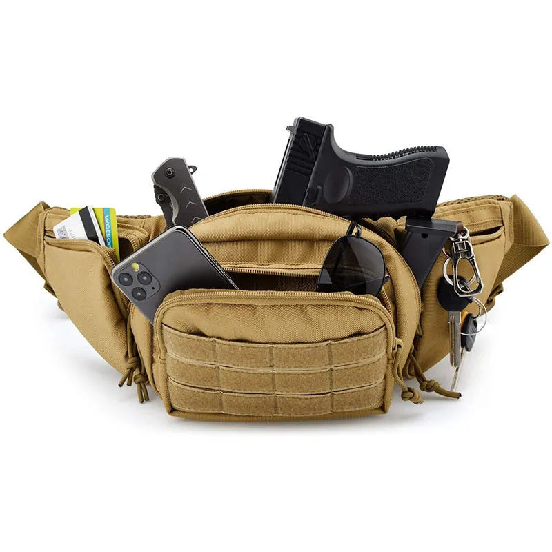 Tactical waist bag in black or khaki colour with moderate capacity, designed for waist wear without shoulder straps