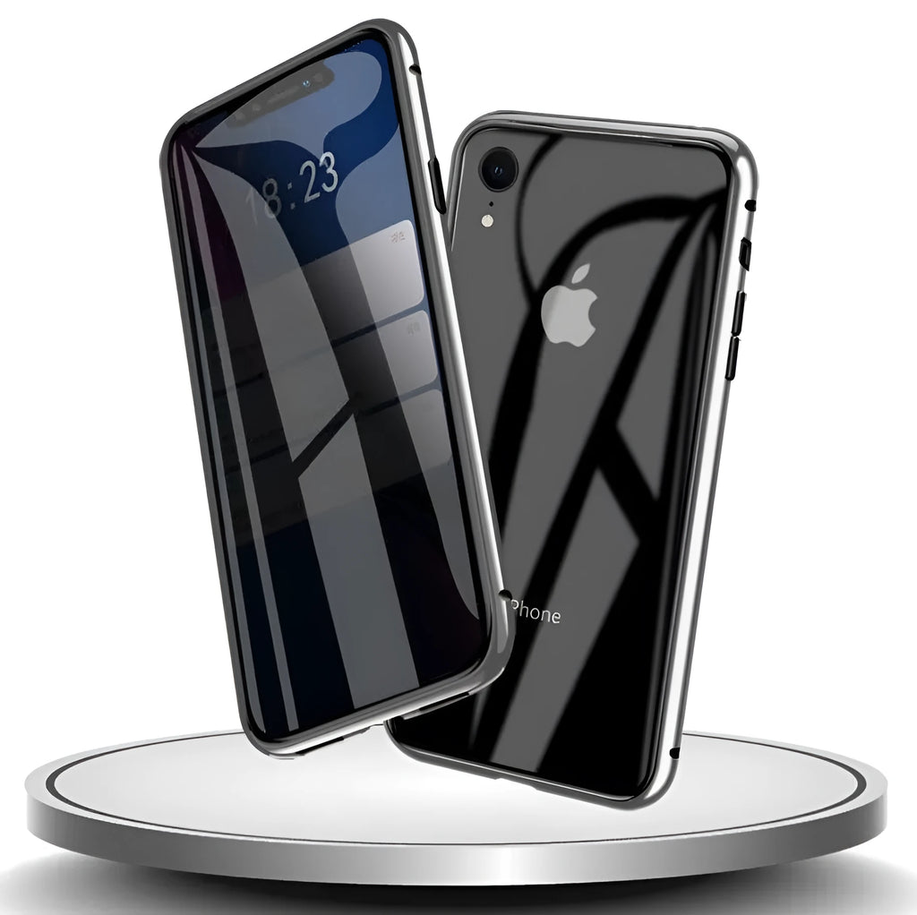 Glass anti-spy iPhone case with clamshell cover shown in black, silver, red, gold, green, and blue colour options.