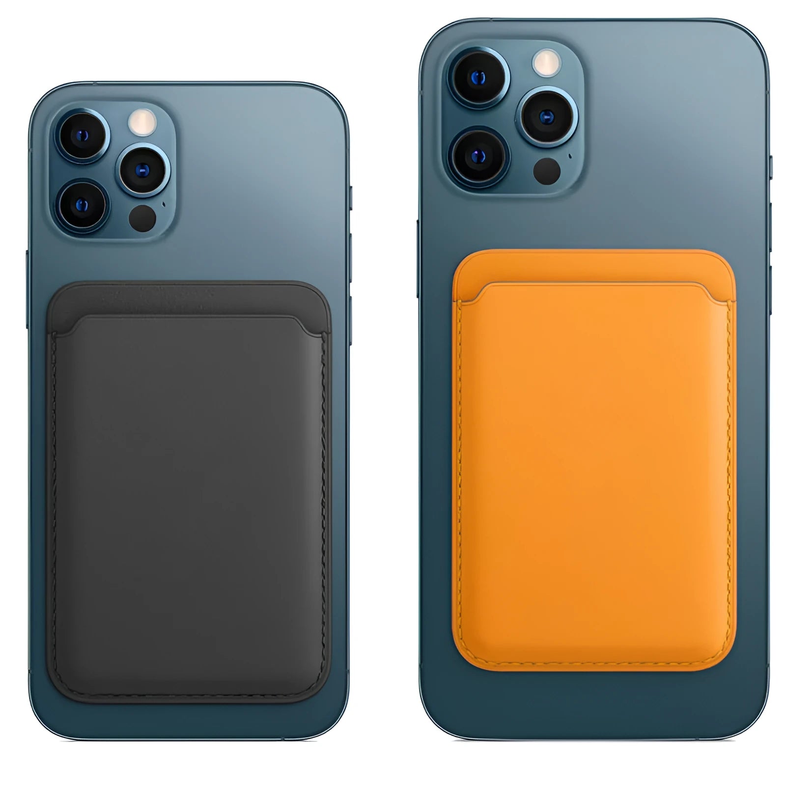 Black PU leather iPhone case with magnetic card holder for MagSafe, shown alongside other colour options.
