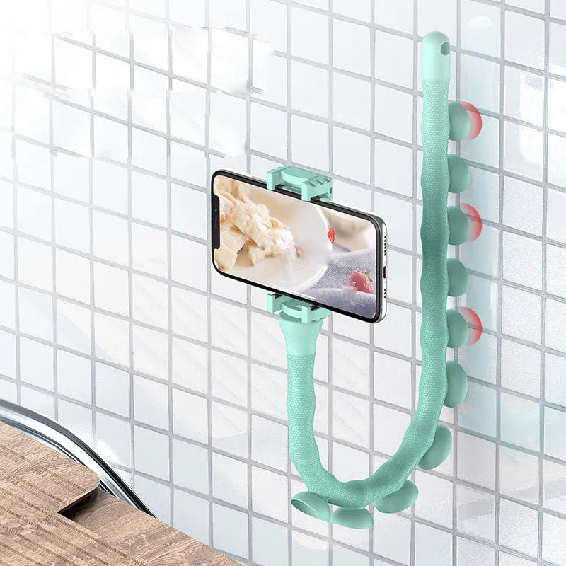 Flexible rubber phone holder with suction cup showing 62cm bendable arm in black colour