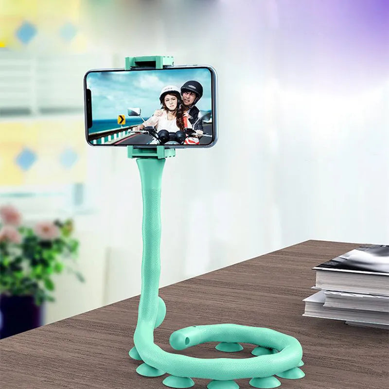 Flexible rubber phone holder with suction cup showing 62cm bendable arm in black colour