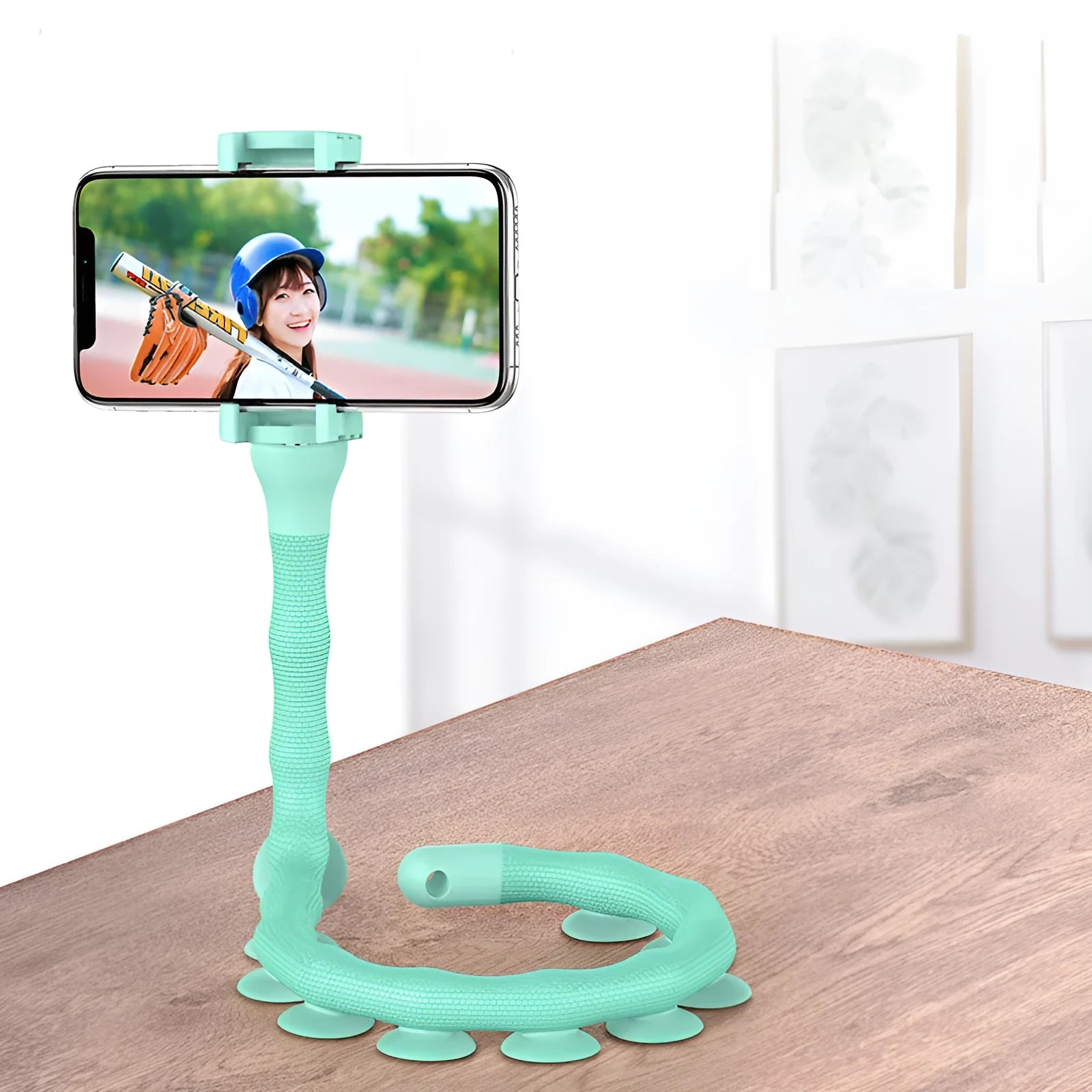 Flexible rubber phone holder with suction cup showing 62cm bendable arm in black colour