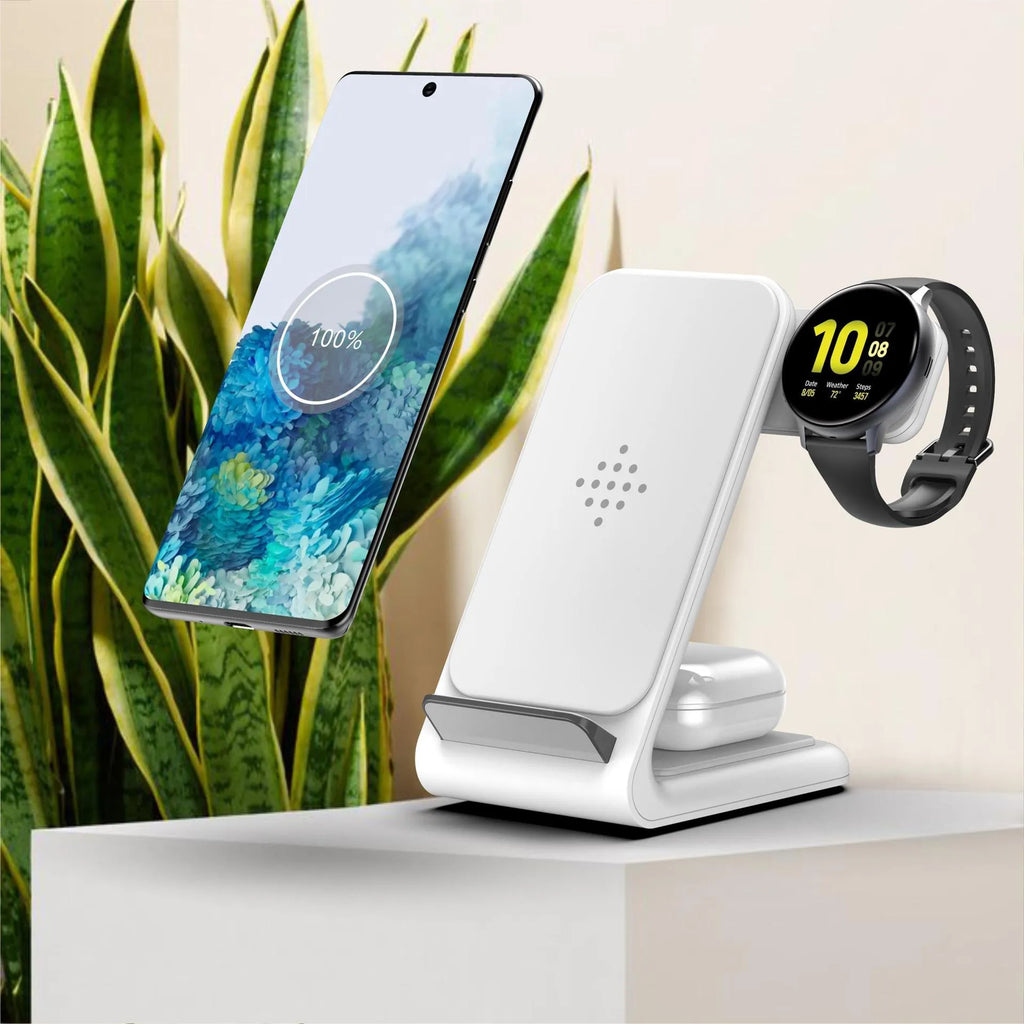 Three-in-one wireless charging bracket showing smartphone, smart watch and earbud charging slots