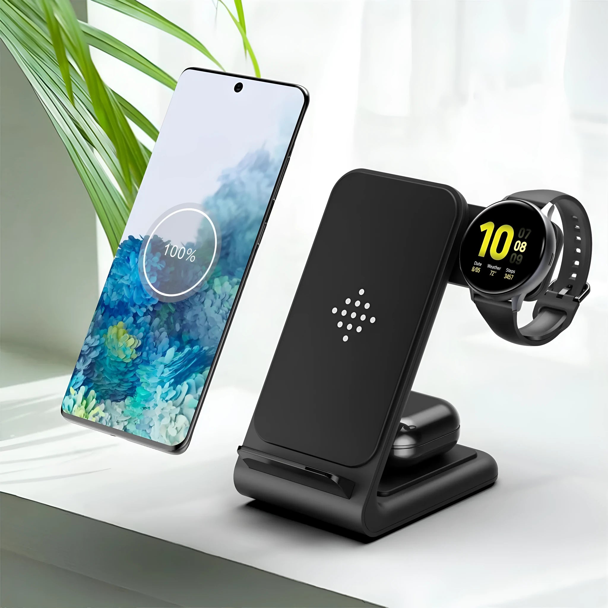 Three-in-one wireless charging bracket showing smartphone, smart watch and earbud charging slots