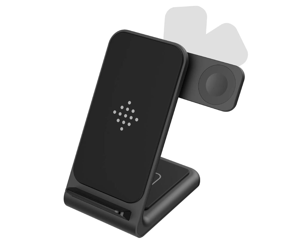 Three-in-one wireless charging bracket showing smartphone, smart watch and earbud charging slots