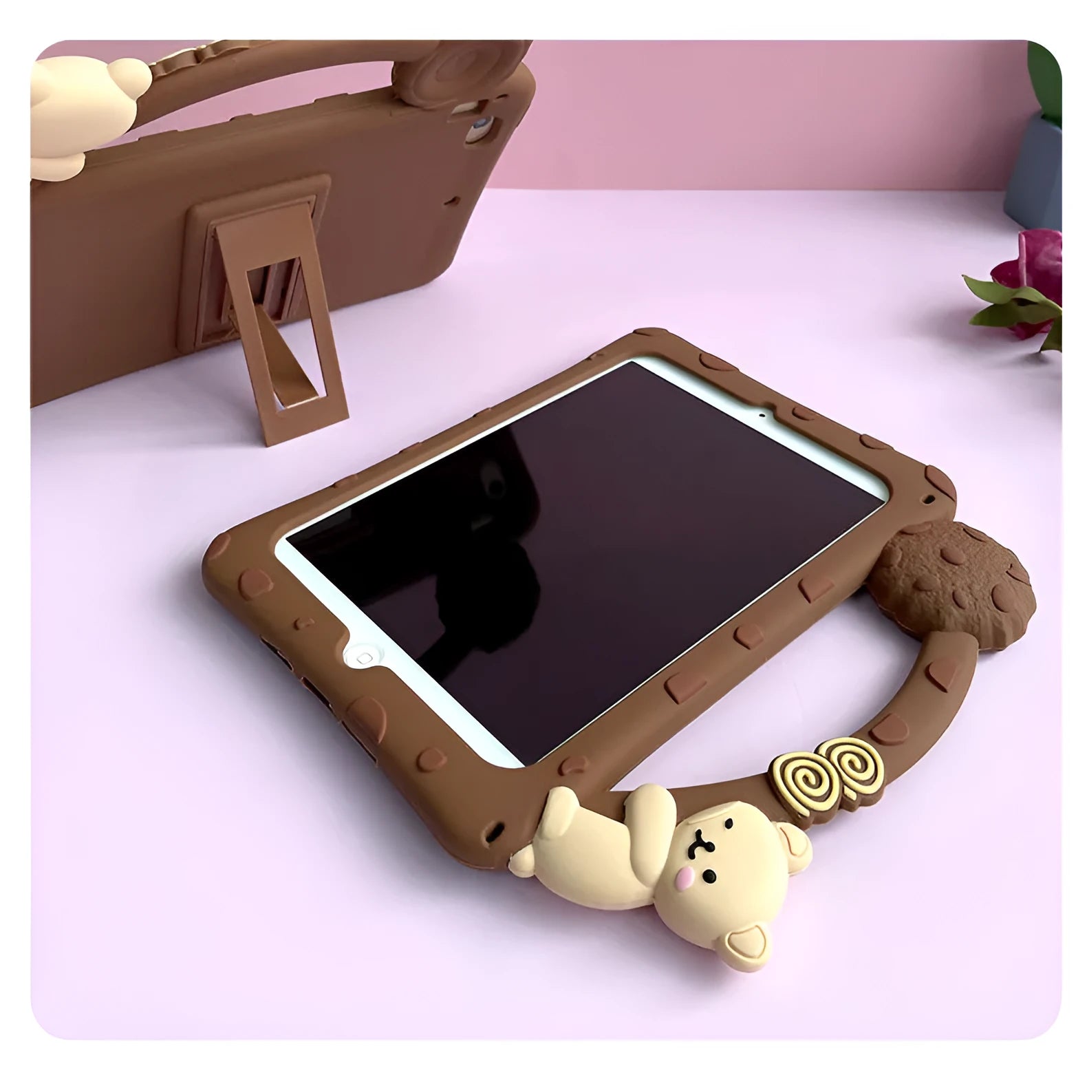 Brown cartoon design silicone sleeve for iPad tablet on a flat surface