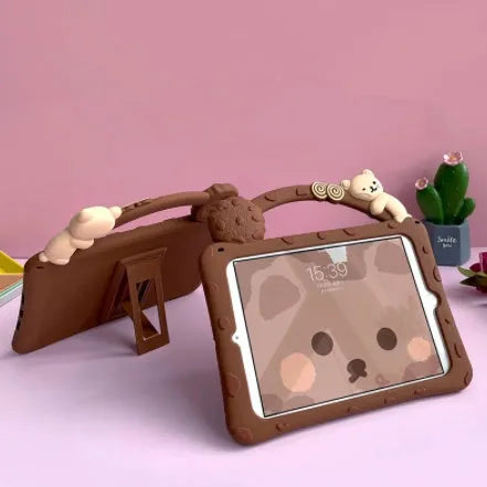 Brown cartoon design silicone sleeve for iPad tablet on a flat surface
