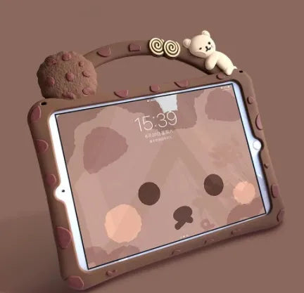 Brown cartoon design silicone sleeve for iPad tablet on a flat surface
