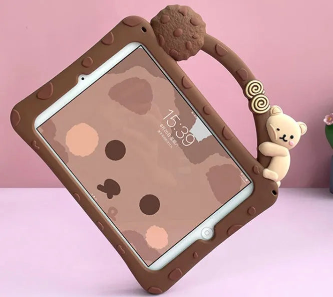 Brown cartoon design silicone sleeve for iPad tablet on a flat surface