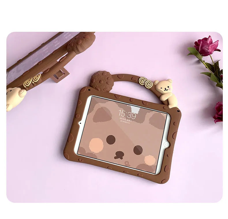 Brown cartoon design silicone sleeve for iPad tablet on a flat surface