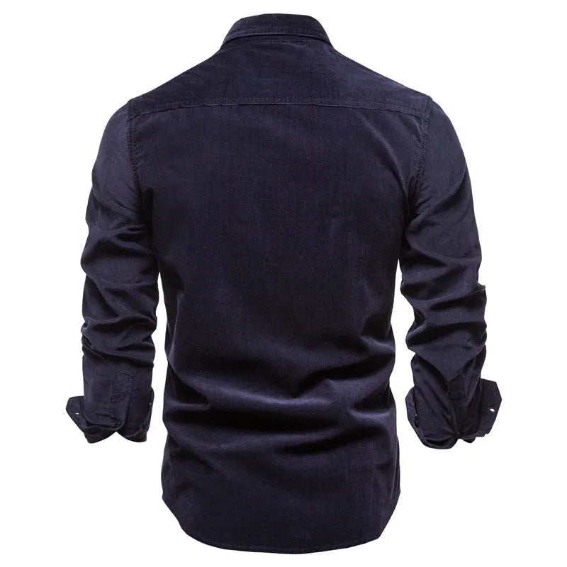 Men's long-sleeve linen shirt in a straight college fit, shown in Denim Blue colour.