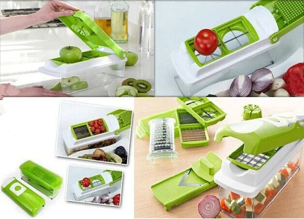Green manual food chopper with stainless steel blades and plastic body on a kitchen worktop.