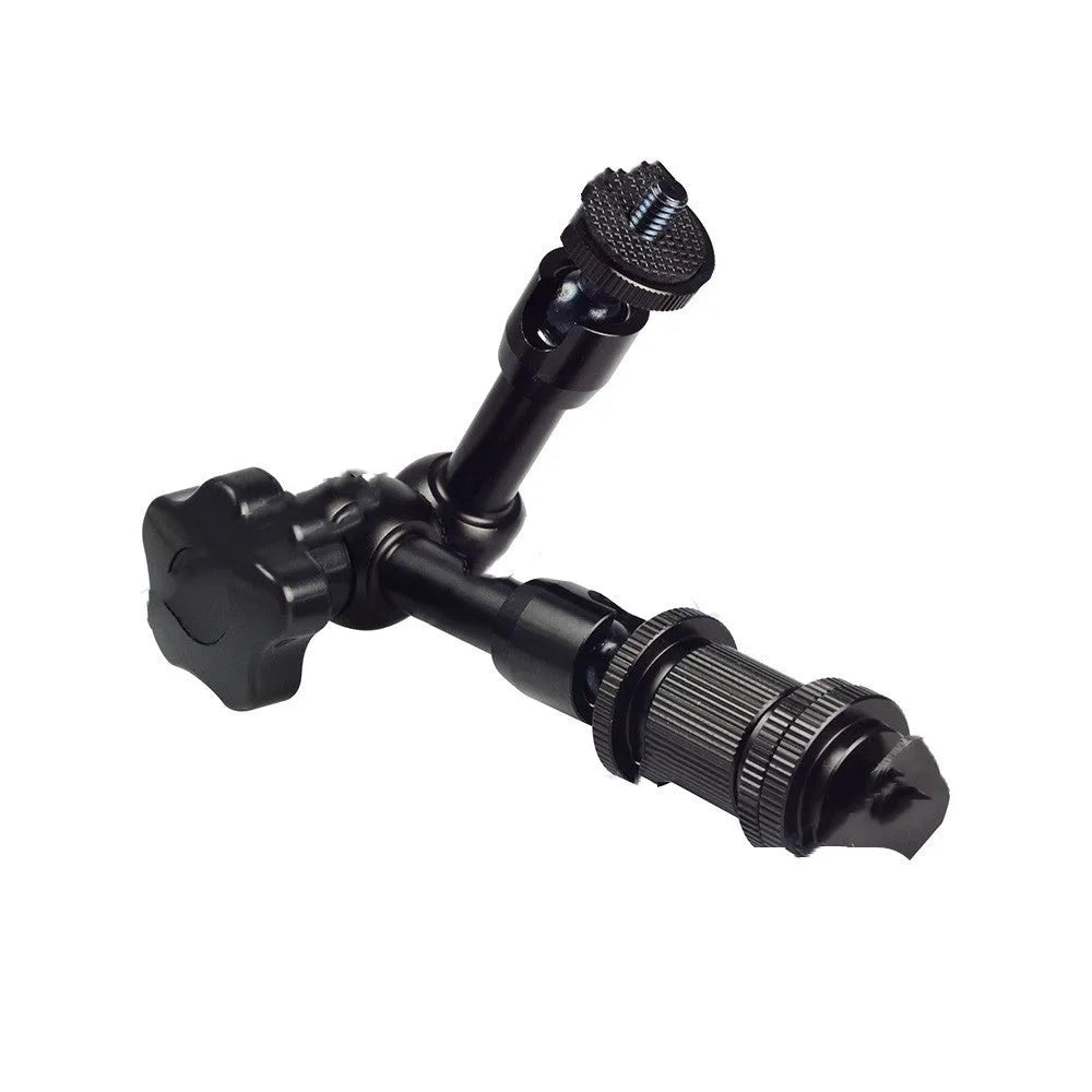 Black metal 7-inch magic friction articulating arm for DSLR cameras with hot shoe and camera mounts