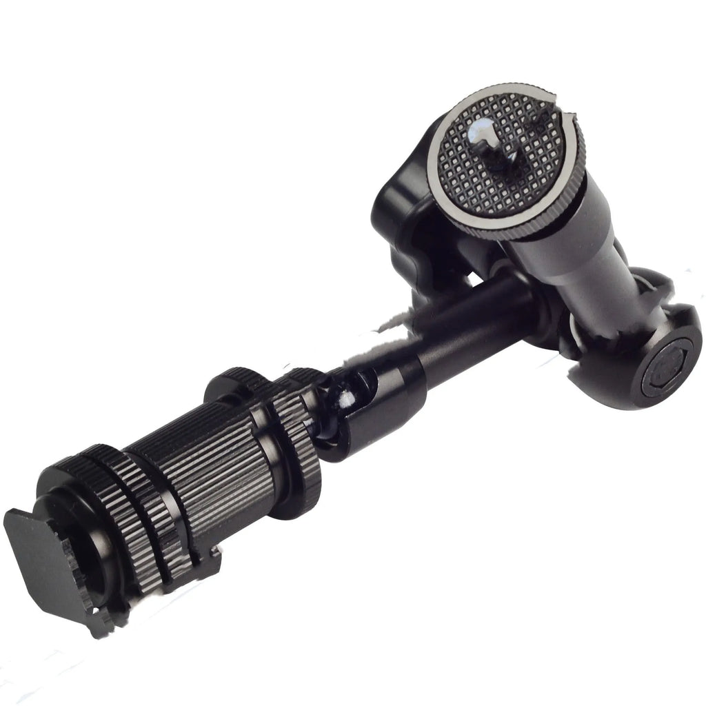 Black metal 7-inch magic friction articulating arm for DSLR cameras with hot shoe and camera mounts