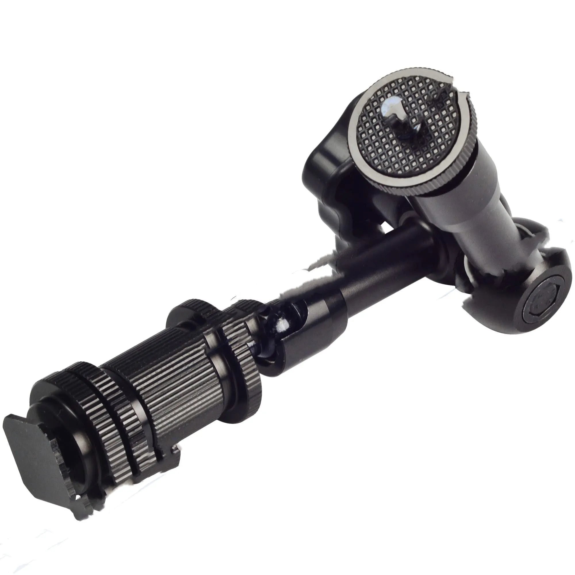 Black metal 7-inch magic friction articulating arm for DSLR cameras with hot shoe and camera mounts