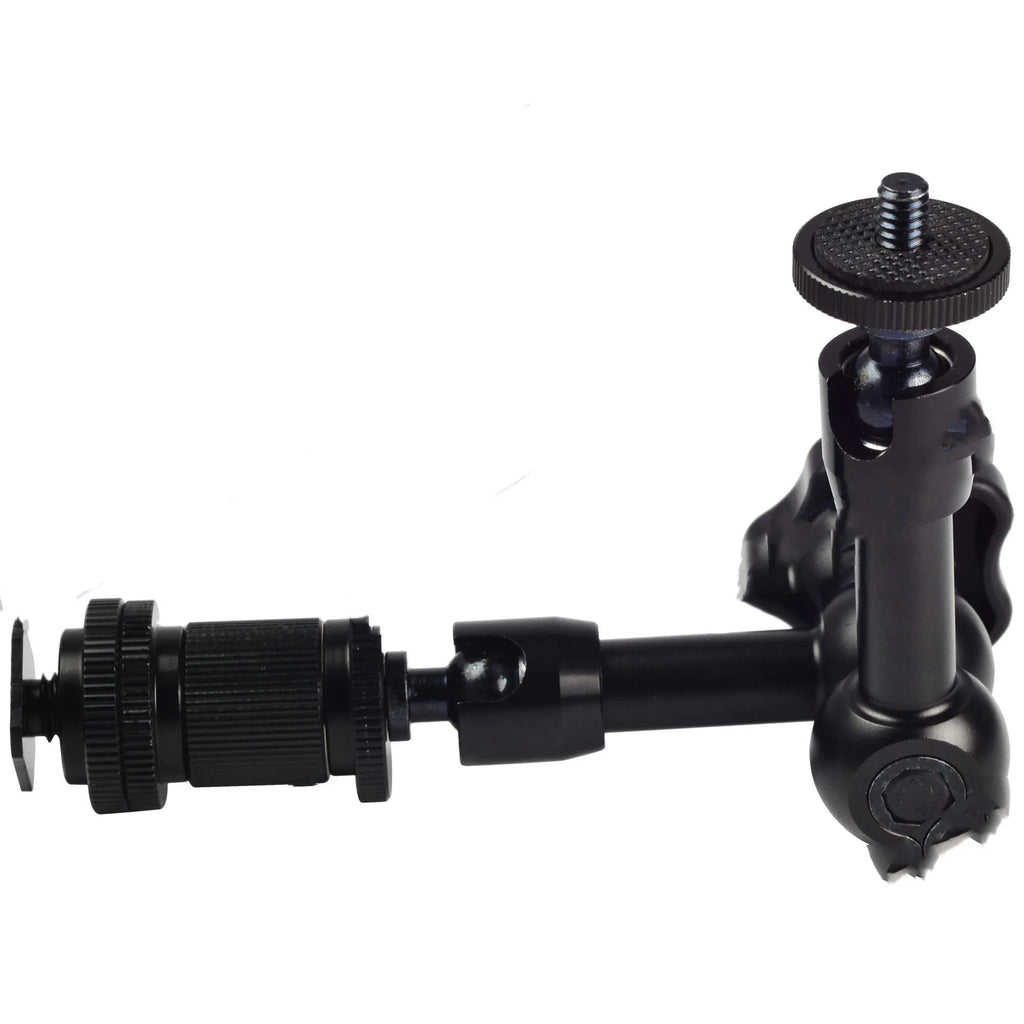 Black metal 7-inch magic friction articulating arm for DSLR cameras with hot shoe and camera mounts