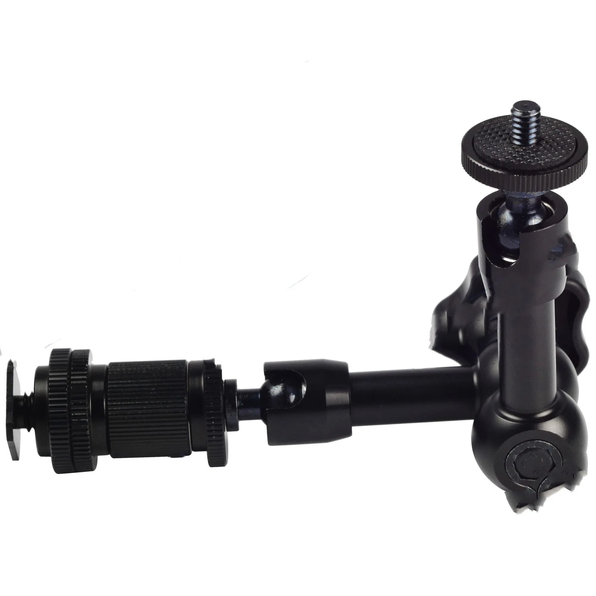 Black metal 7-inch magic friction articulating arm for DSLR cameras with hot shoe and camera mounts