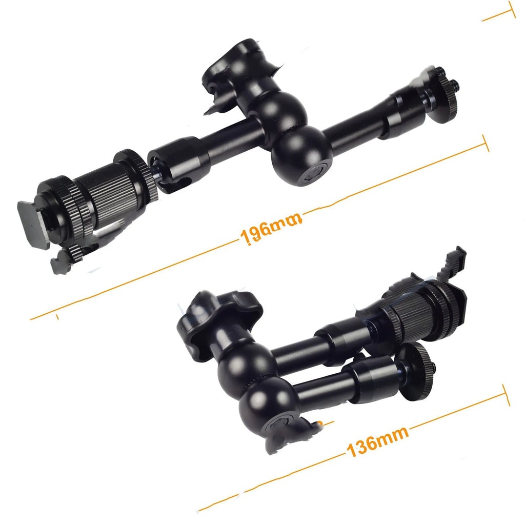 Black metal 7-inch magic friction articulating arm for DSLR cameras with hot shoe and camera mounts