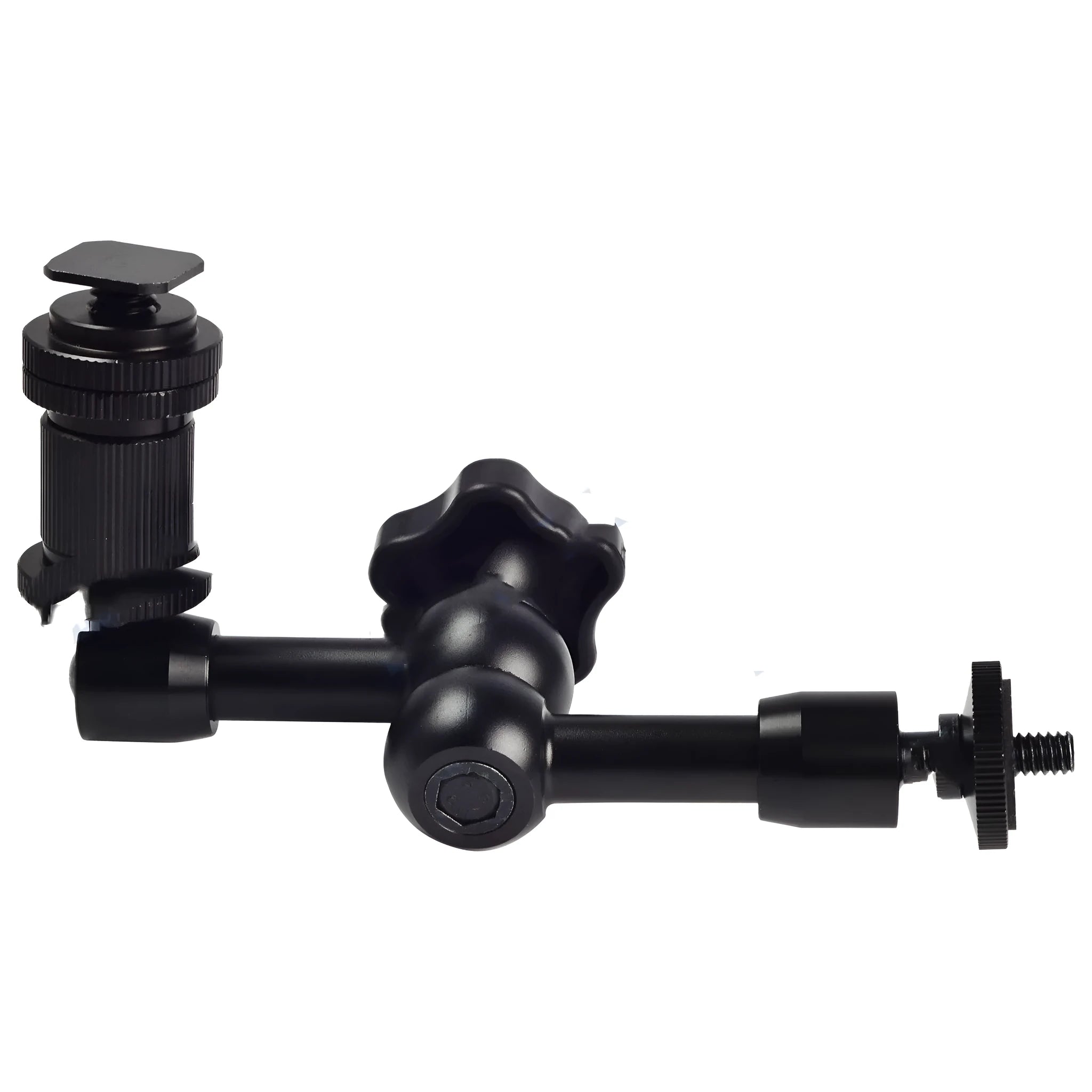 Black metal 7-inch magic friction articulating arm for DSLR cameras with hot shoe and camera mounts
