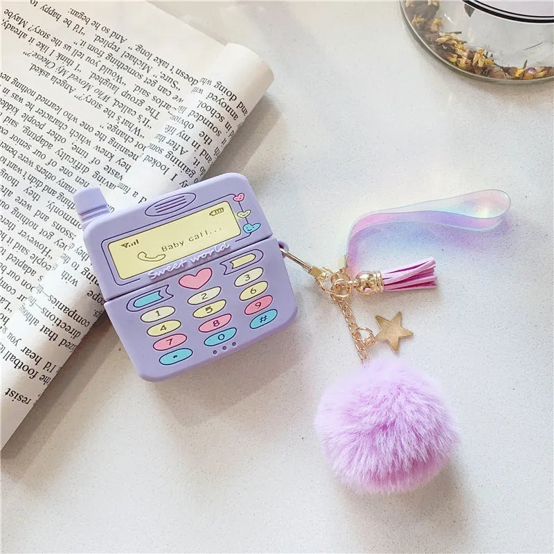 Purple silicone protective case with fur ball pendant for Apple AirPods Pro and AirPods 1 2