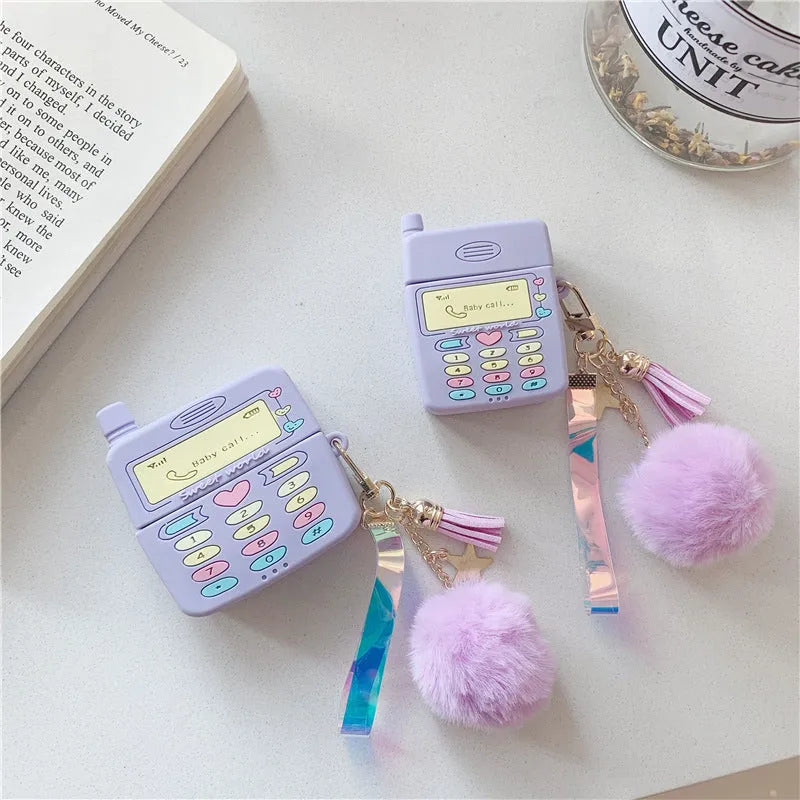 Purple silicone protective case with fur ball pendant for Apple AirPods Pro and AirPods 1 2