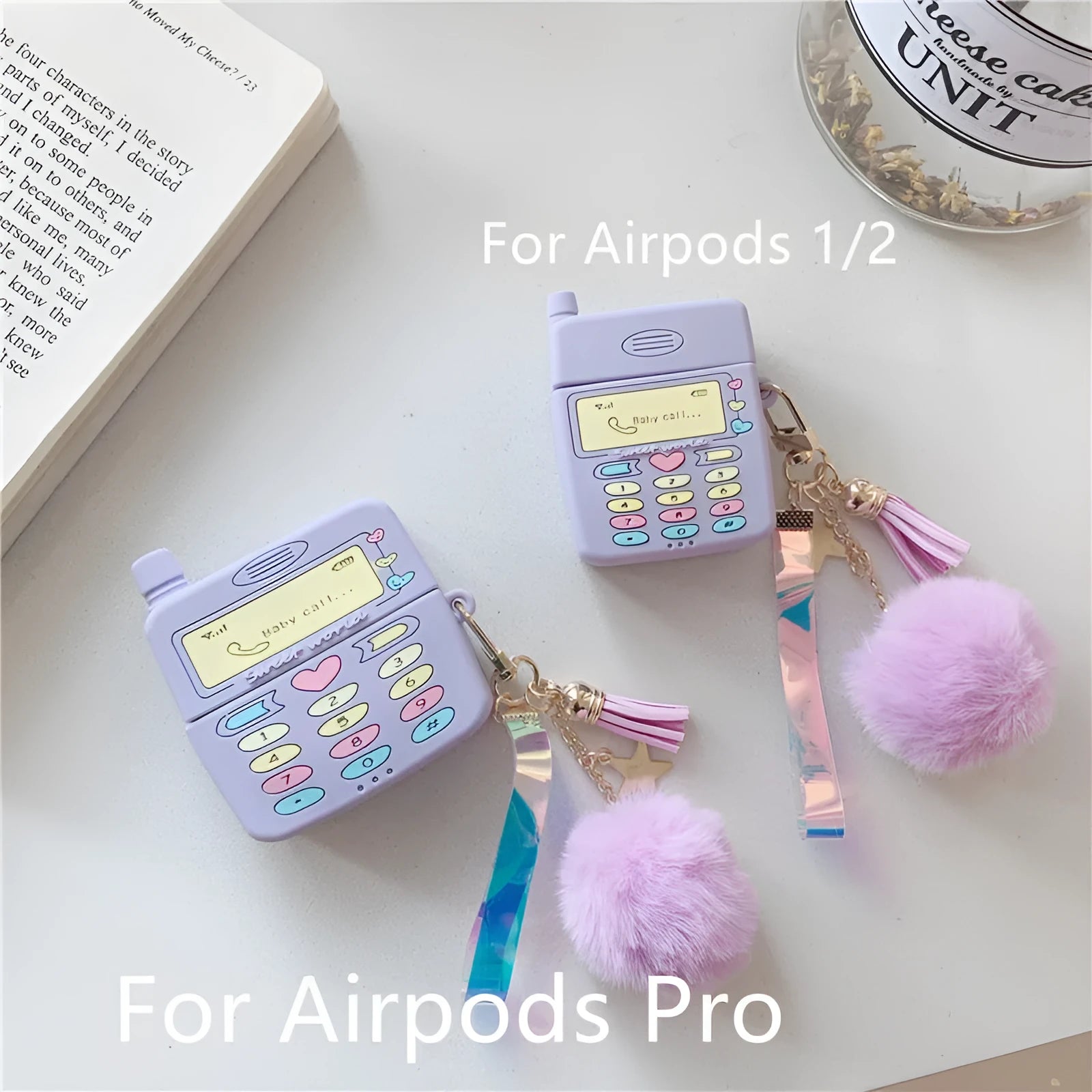 Purple silicone protective case with fur ball pendant for Apple AirPods Pro and AirPods 1 2