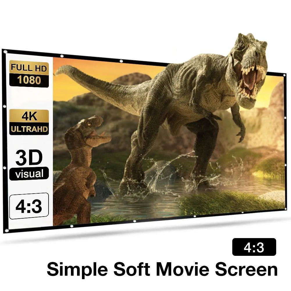 White polyester folding projection screen showing 150-inch diagonal size