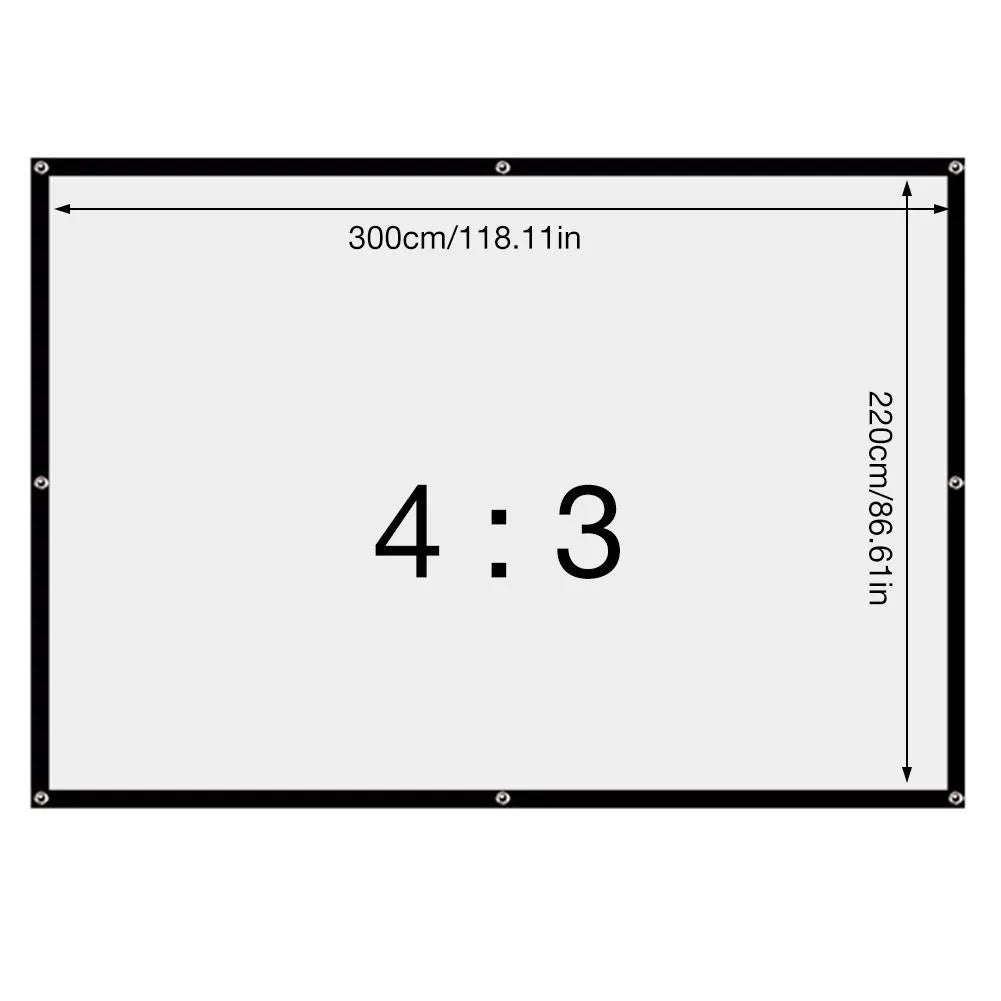 White polyester folding projection screen showing 150-inch diagonal size