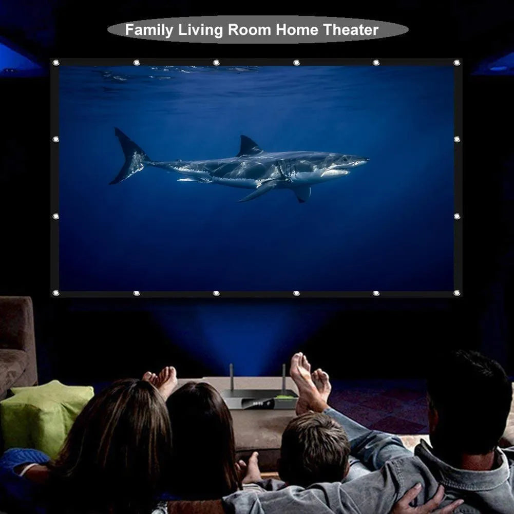 White polyester folding projection screen showing 150-inch diagonal size