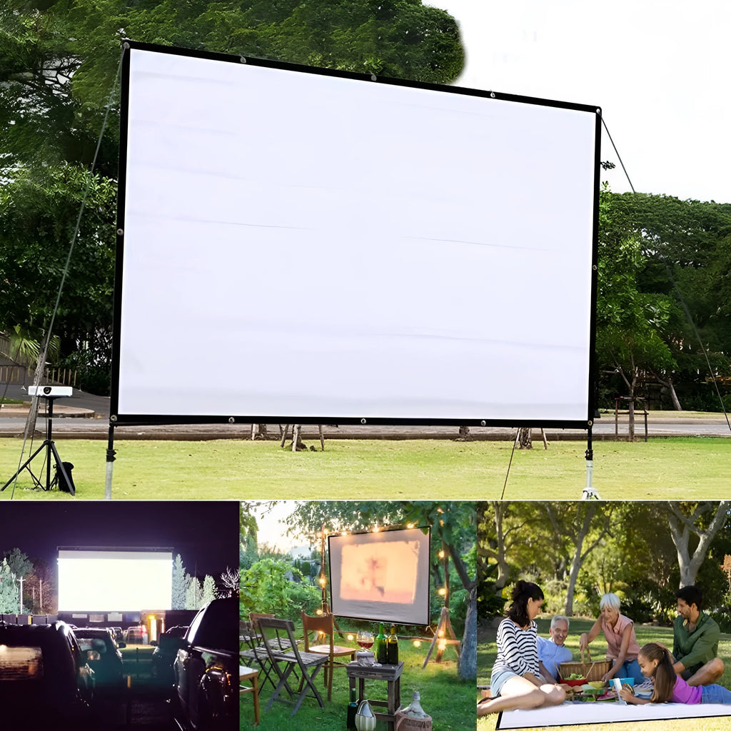 White polyester folding projection screen showing 150-inch diagonal size