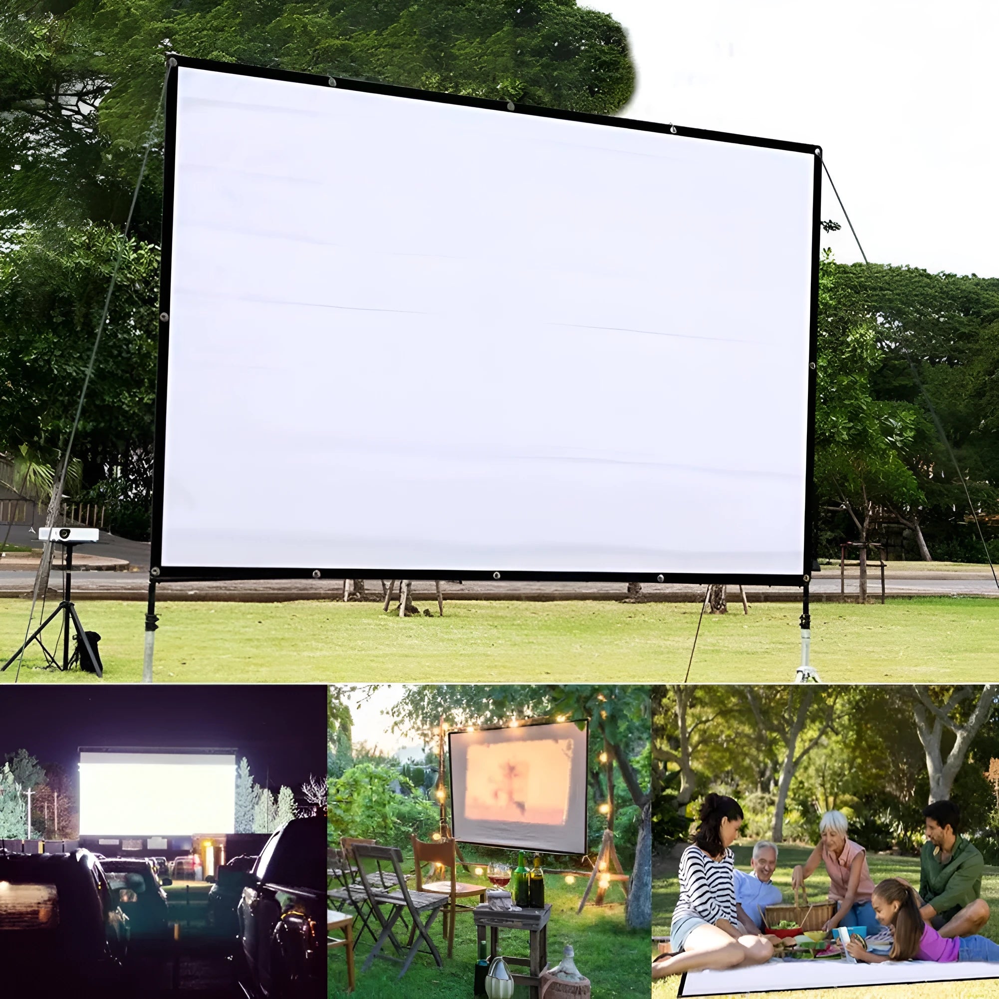 White polyester folding projection screen showing 150-inch diagonal size