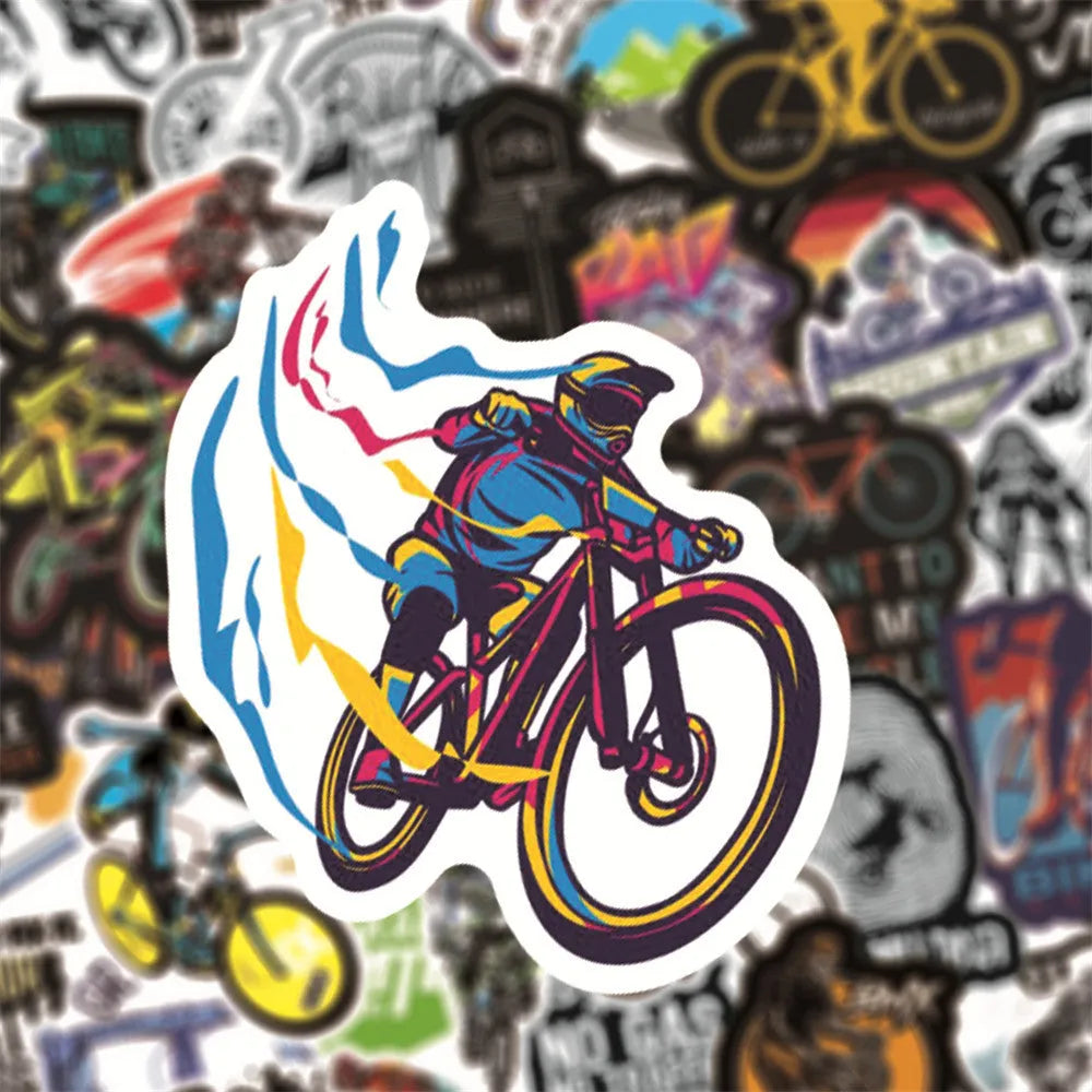 Pack of 50 bicycle-themed doodle stickers with mountain cross-country designs on a white background.