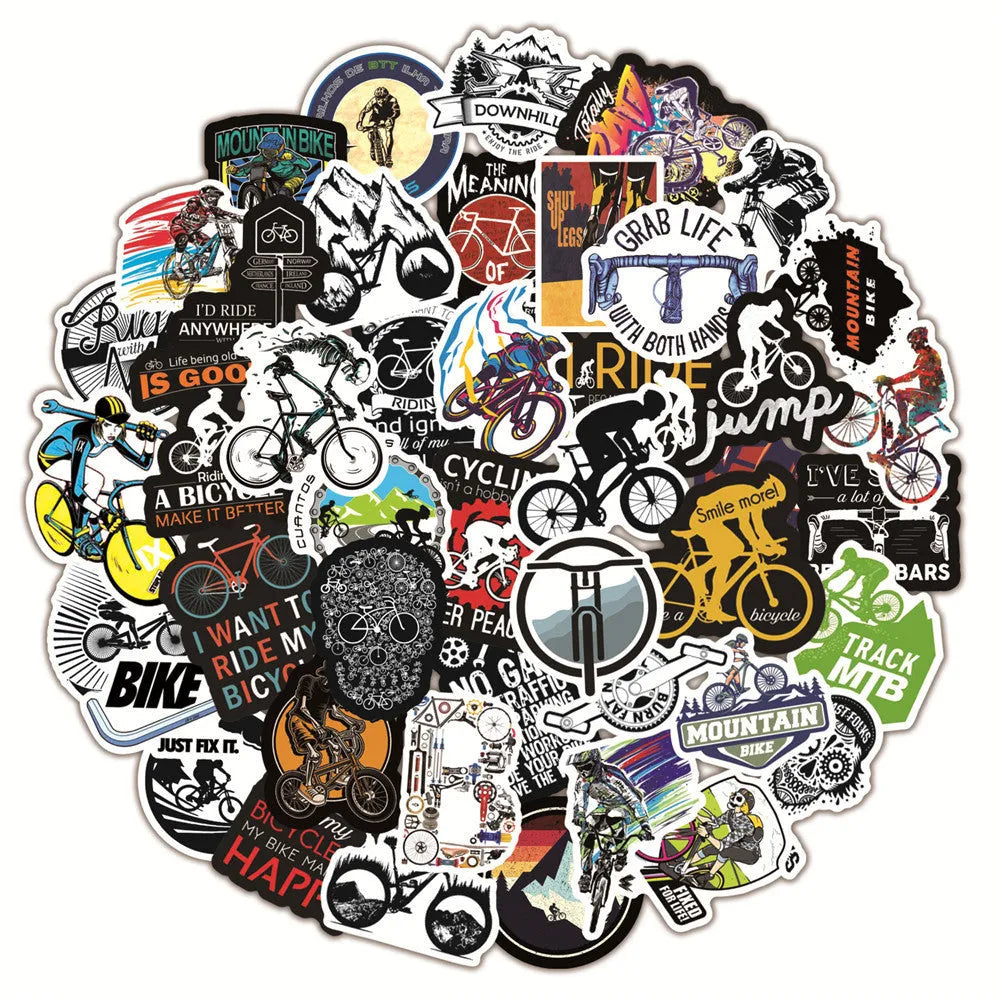 Pack of 50 bicycle-themed doodle stickers with mountain cross-country designs on a white background.