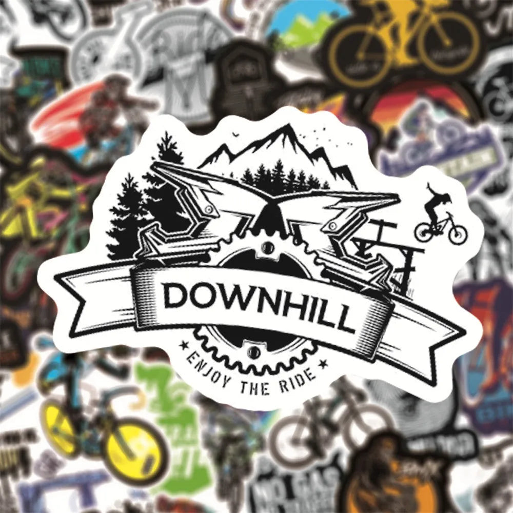 Pack of 50 bicycle-themed doodle stickers with mountain cross-country designs on a white background.