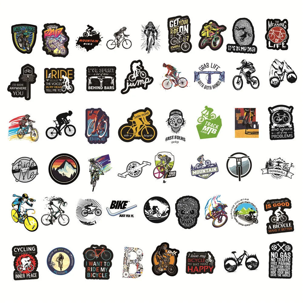 Pack of 50 bicycle-themed doodle stickers with mountain cross-country designs on a white background.