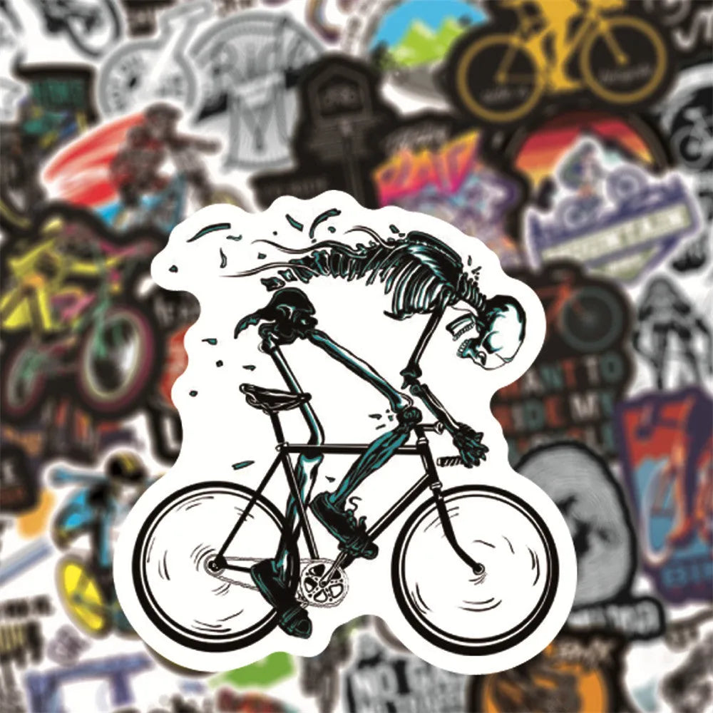 Pack of 50 bicycle-themed doodle stickers with mountain cross-country designs on a white background.