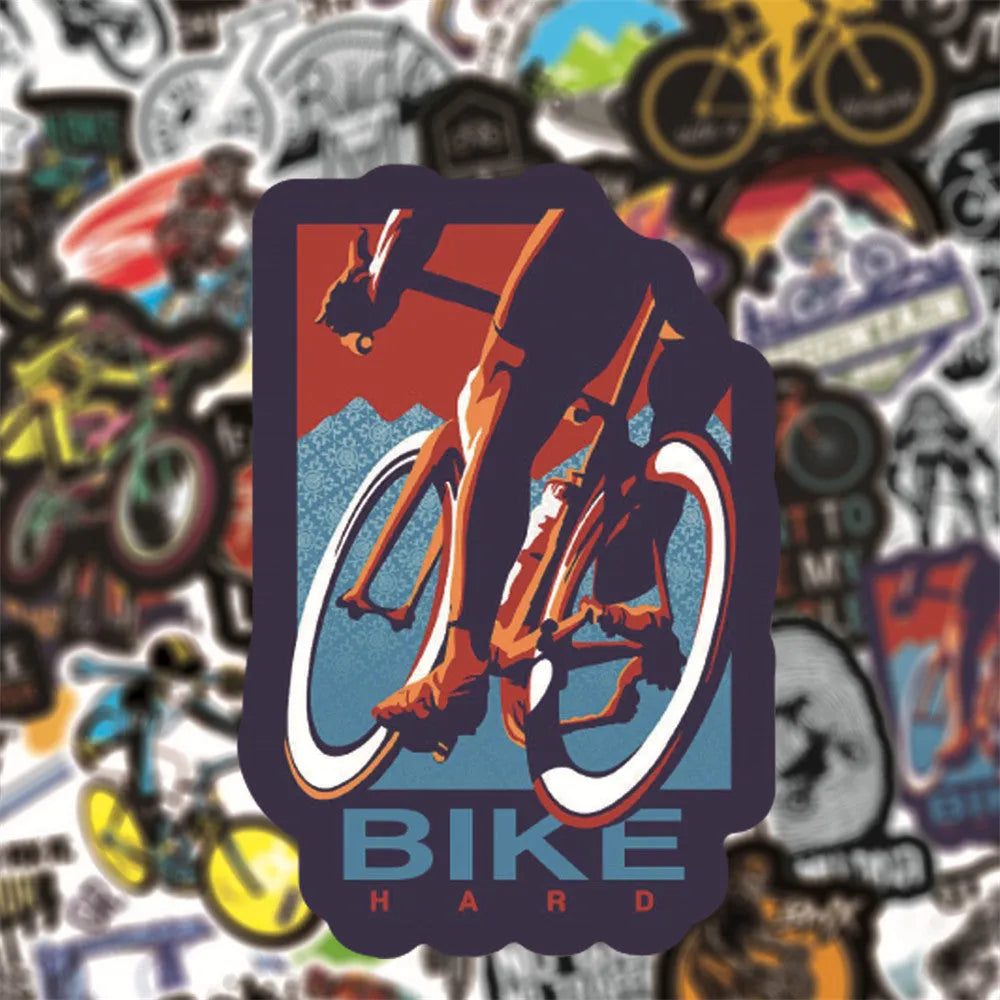 Pack of 50 bicycle-themed doodle stickers with mountain cross-country designs on a white background.