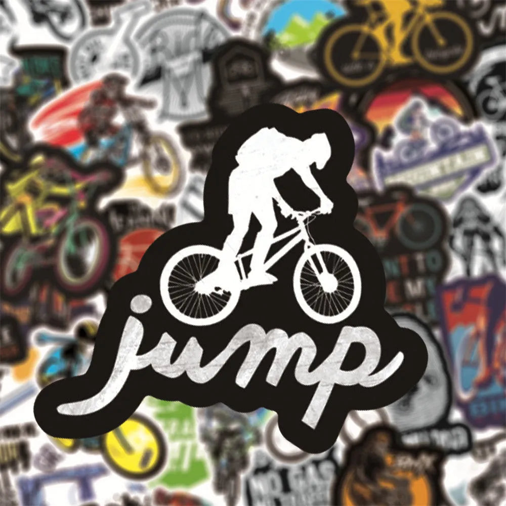 Pack of 50 bicycle-themed doodle stickers with mountain cross-country designs on a white background.