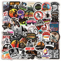 Pack of 50 bicycle-themed doodle stickers with mountain cross-country designs on a white background.