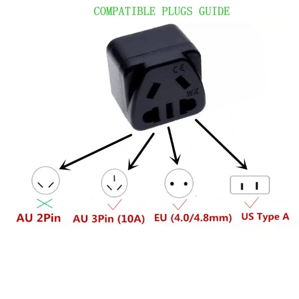 White international travel adapter converting UK US EU AU plugs to UK 3-pin sockets with five output ports