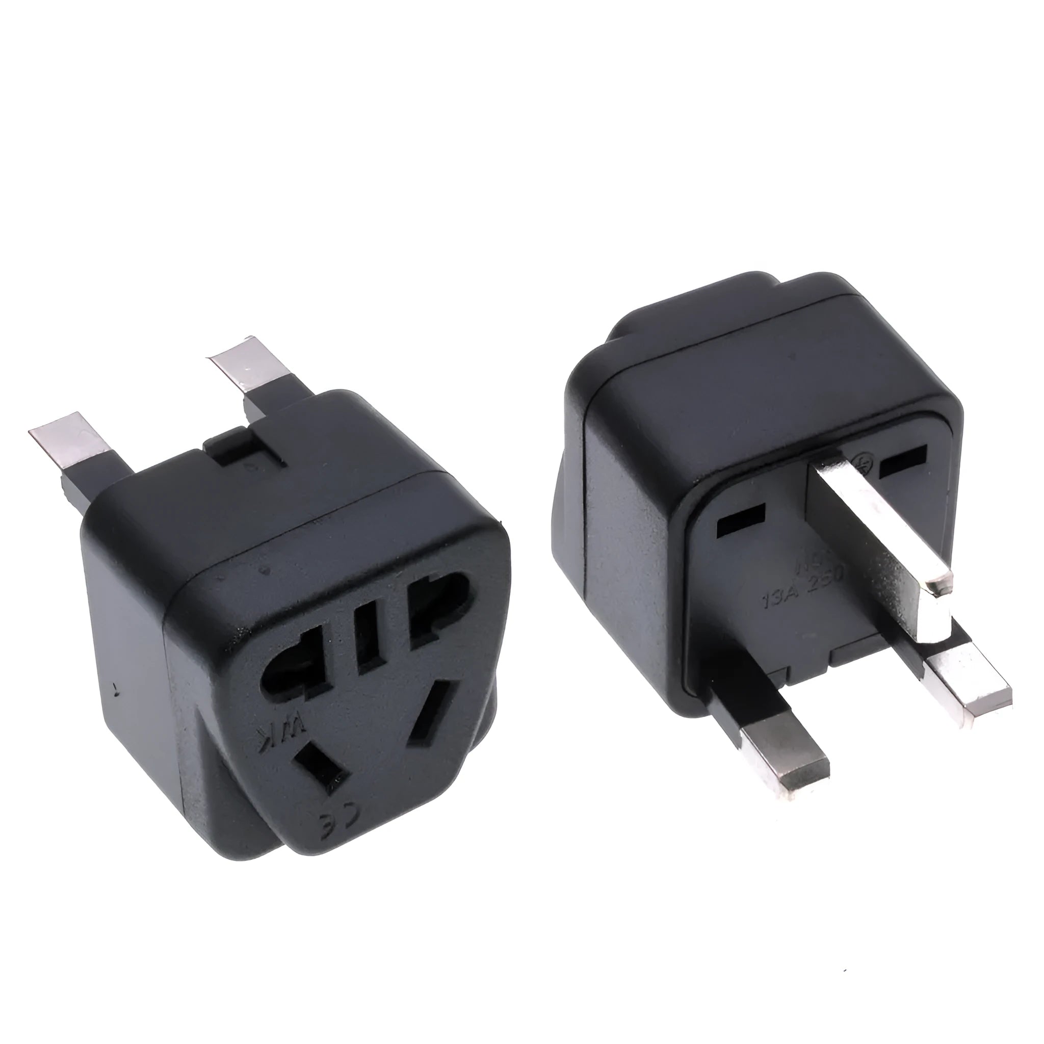 White international travel adapter converting UK US EU AU plugs to UK 3-pin sockets with five output ports
