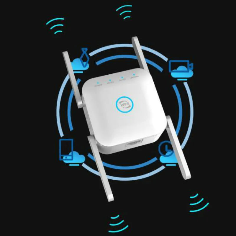 PIXLINK AC24 white and black dual frequency wireless WiFi extender router with gigabit ports.
